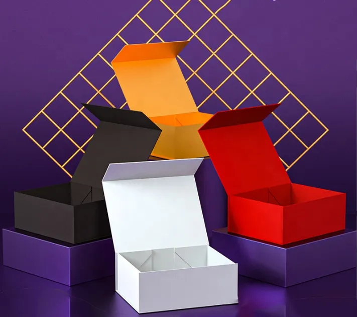 Custom Logo Flat Open Matt Black Foldable Magnet Gift Boxes With Ribbon Closure