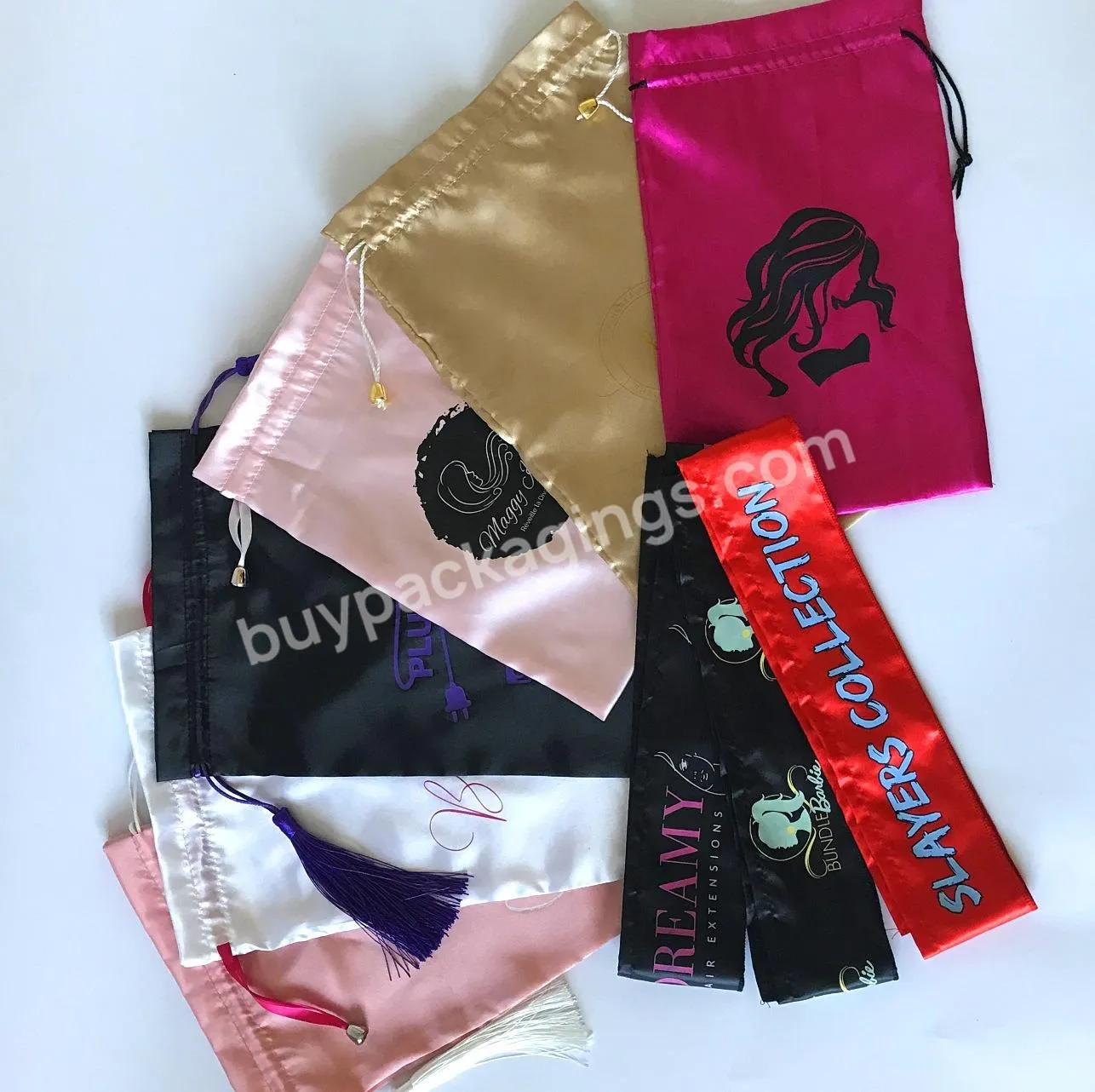 Custom Logo Large Shopping Hair Bundles Packaging Lash Wig Gift Drawstring Pouch Jewelry Packing Silk Satin Bag withString