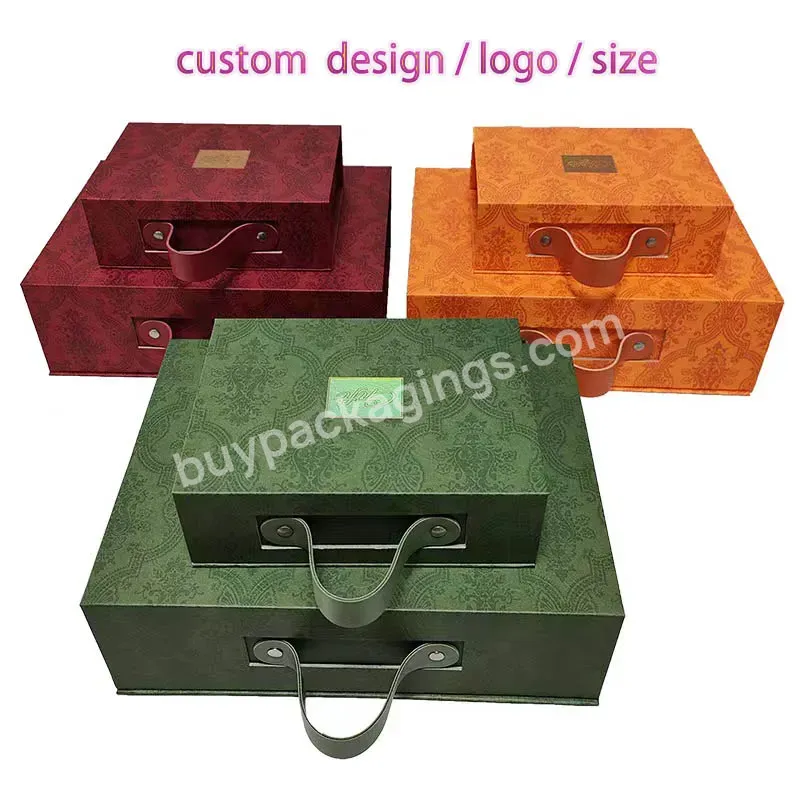 Custom Logo Lovely Gift Box Magnetic Cardboard Box With Pu Leather Handle Clothing /shoes Packaging Green/orange/red Boxes - Buy Custom Logo Gift Box,Magnetic Cardboard Box With Pu Leather Handle,Red/green Paper Box.