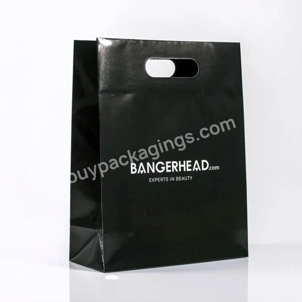Custom  Logo Luxury Coated Paper Black Clothing Packaging Gift Shopping Bag Paperbag With Die Cut Handle