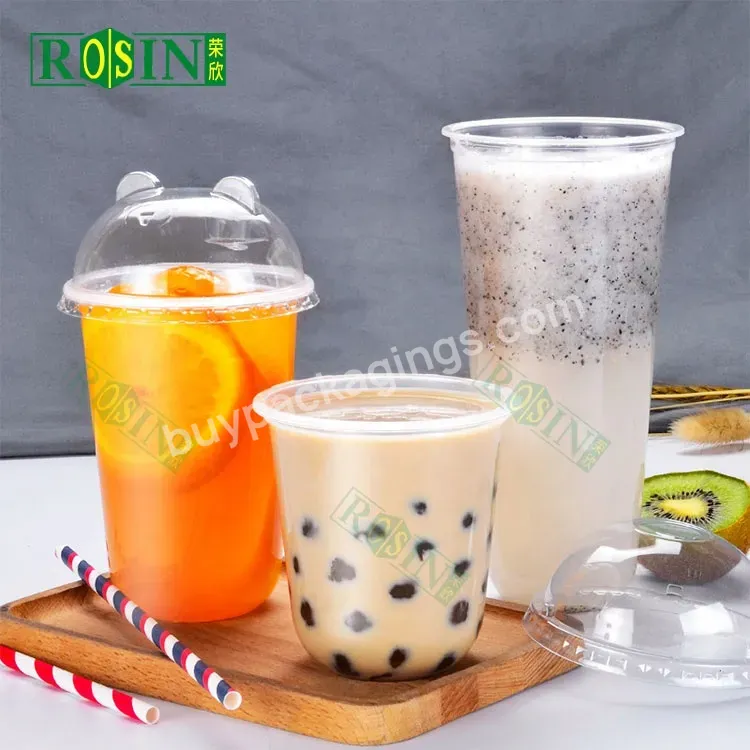 Custom Logo Printed 360ml 450ml 700ml U Shape Disposable Plastic Drinking Juice Cups With Panda Rhombus Dome Lids