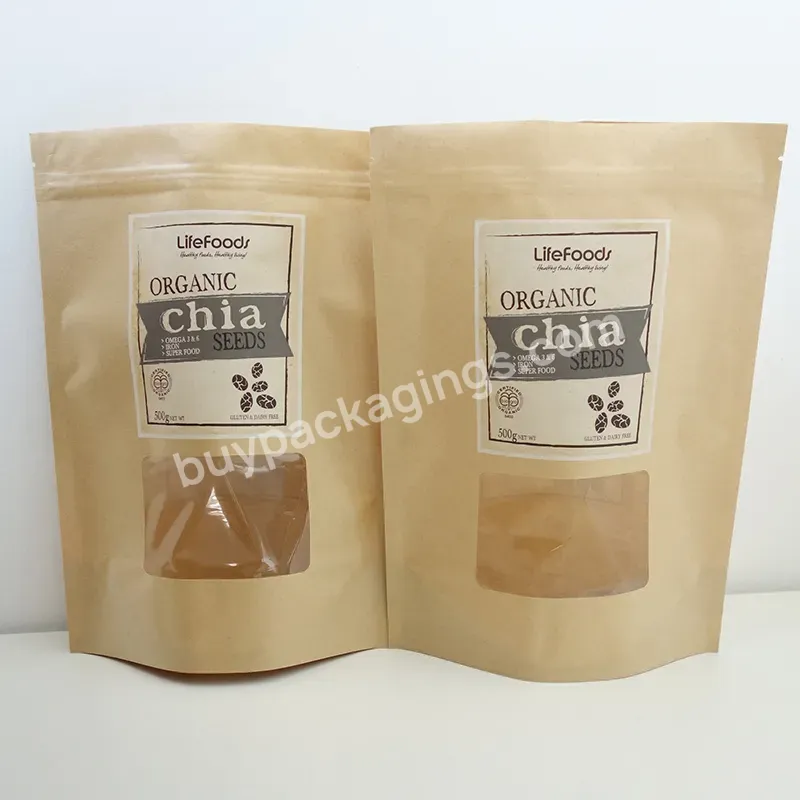Custom Printed Packaging Doypack Zipper Stand Up Pouch Brown Kraft Paper Bags With Clear Window For Coffee Tea - Buy Brown Kraft Paper Pouch Stand Up Pouch With Window,Brown Kraft Paper Pouch Food Packaging Bag,Kraft Paper Zipper Bags Zip Lock Kraft