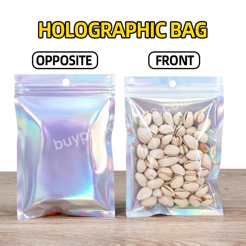 Custom Printed Pink Holographic Clear Front Smell Proof Bags Food Packaging Plastic Hologram Mylar Bags With Zipper