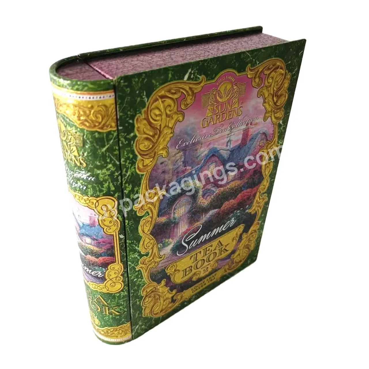 Custom Printing A5 Size Book Shaped Tin Box With Hinged Lid 195x155x42mm Packaging Tea,Sweets,Chocolates - Buy Book Tin Case Decorative,Tinplate Book Box,Custom Logo Metal Book Box.