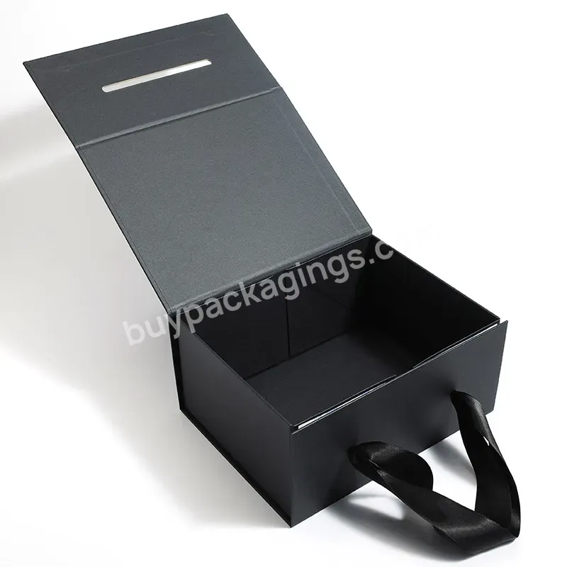 Custom Rigid Cardboard Gift Boxes With Ribbon Handle And Magnetic Lid Gift Packaging Flat Packing Folding Box For Clothes Shoe - Buy Folding Box,Magnetic Gift Box,Black Gift Box.