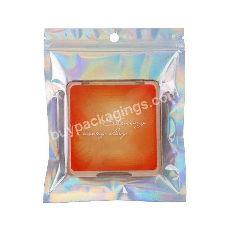 Custom Small Size Laser Foil Front Side Transparent Cosmetic Holographic Mylar Zipper Bags With Window