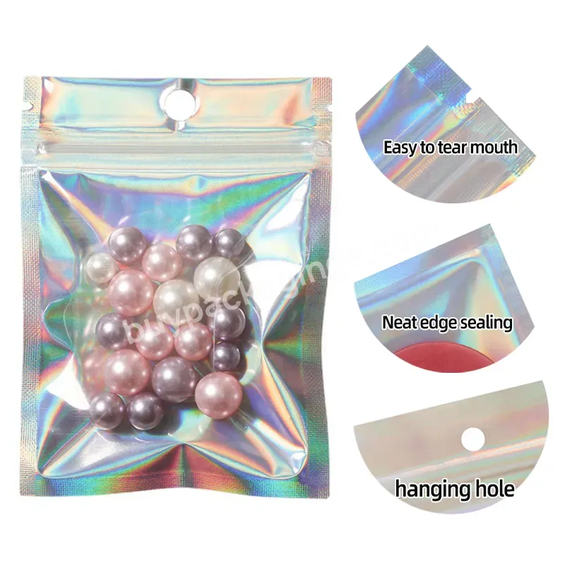 Custom Small Size Laser Foil Front Side Transparent Cosmetic Holographic Mylar Zipper Bags With Window