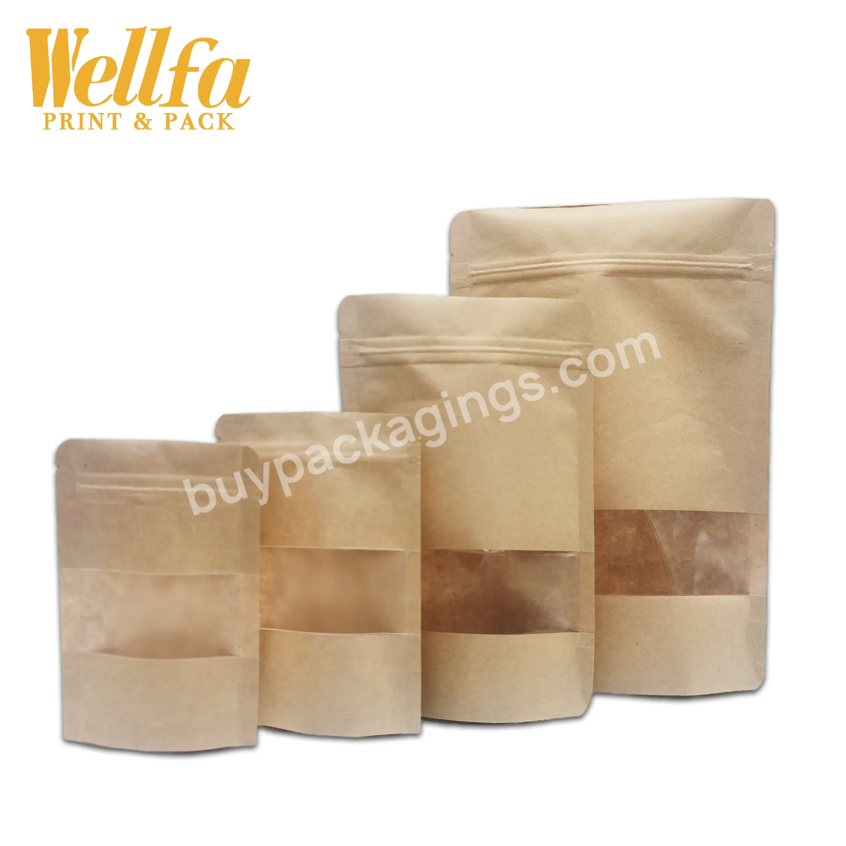 Custom Waterproof Printing Simple Zipper Kraft Paper Stand Up Food Snack Resealable Pouch Package Bag With Window - Buy Kraft Paper Bag With Window,Biodegradable Recycled Customized Stand Up Pouches Dry Food Storage Edible Packaging Kraft Paper Bags