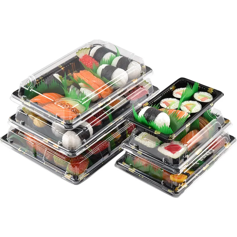 Custom Wholesale Rectangular Serving Bento Takeaway Packaging Takeout Sushi Tray Disposable Plastic Sushi Box with Lid