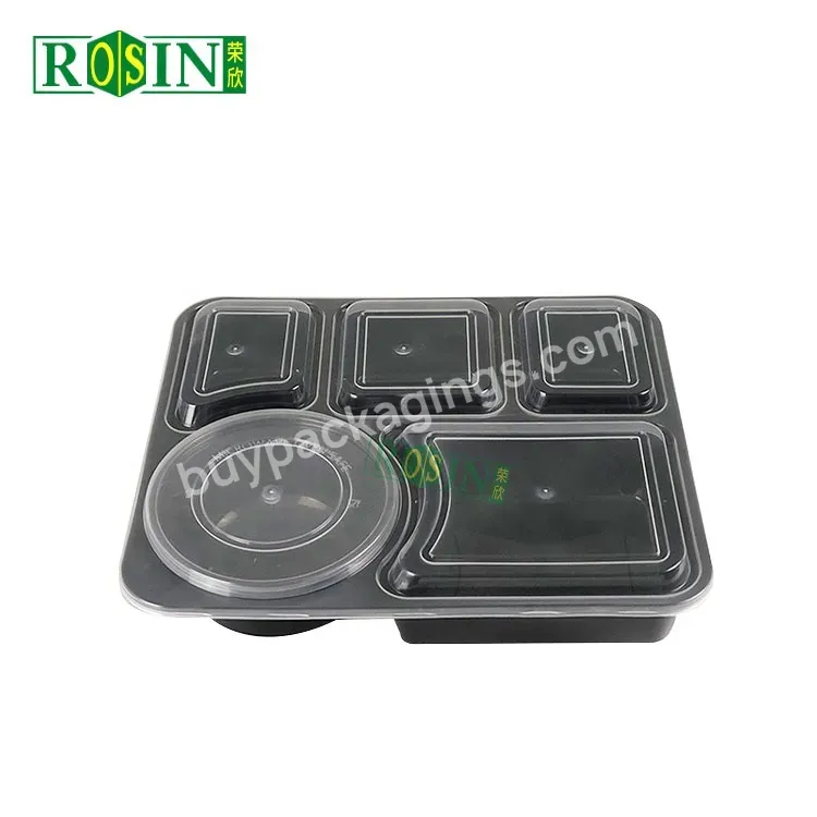 Customized 5 Compartment Black Microwave Disposable Plastic Lunch Boxes Meal Prep Containers With Lid For Restaurant