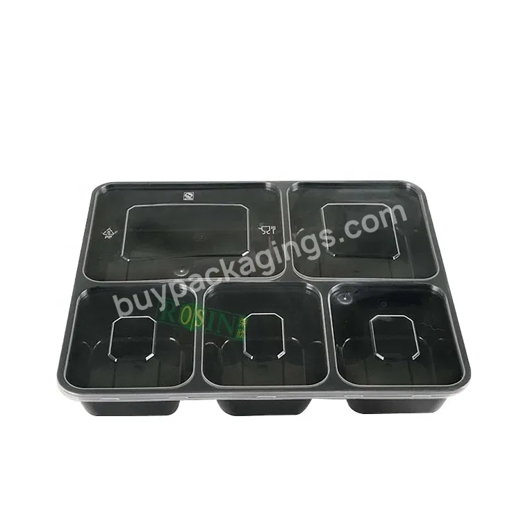 Customized 5 Compartment Black Microwave Disposable Plastic Lunch Boxes Meal Prep Containers With Lid For Restaurant