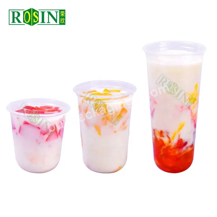 Customized 700ml U Shape Clear Disposable Plastic Drink Cups With Lids And Straws