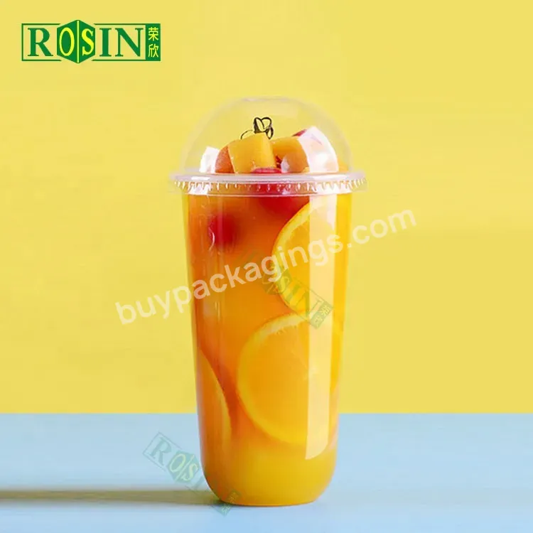 Customized 700ml U Shape Clear Disposable Plastic Drink Cups With Lids And Straws