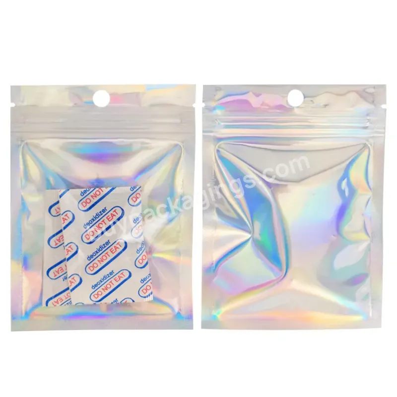 Customized Holographic Polyester Bag With Resealable Zipper Bag And Hanging Hole Food Plastic Holographic Laser Bag - Buy Silver Holographic Vertical Bag With Transparent Window,Self Sealing Aluminum Foil Bags Can Be Used To Package Candy Cookies,Lea