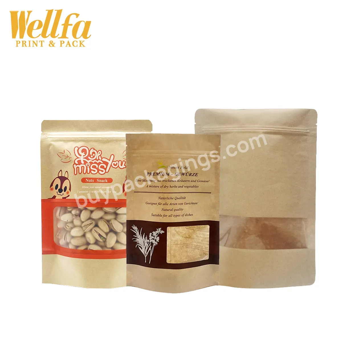 Customized Logo Eco Friendly Snack Food Packaging Stand Up Zipper Recyclable Resealable Biodegradable Kraft Pla Paper Bags - Buy Kraft Paper Bag With Window,Biodegradable Recycled Customized Stand Up Pouches Dry Food Storage Edible Packaging Kraft Pa