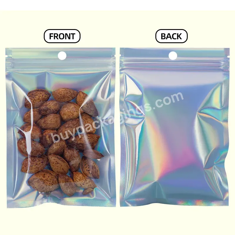 Customized Logo Three Sided Sealed Aluminum Foil Holographic Color Polyester Film Zipper Bag Small Food Packaging Bag - Buy Resealable Food Zipper Bag,Flat Transparent Plastic Packaging Bag,Holographic Color Jewelry Snack Plastic.