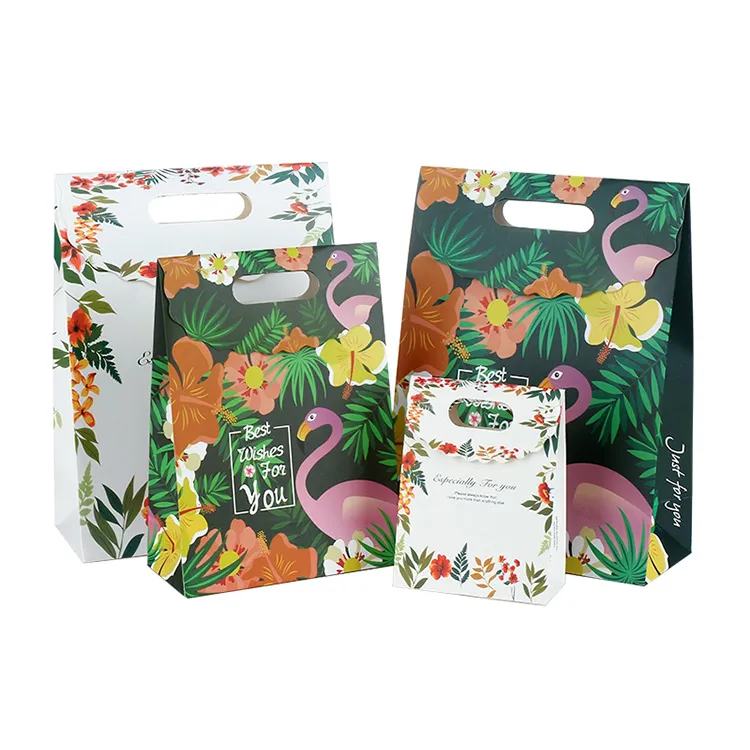 Customized Low Price Vertical Gift Bag Packaging Sweet Candy Printed Fold over Paper Bag With Die Cut Handle