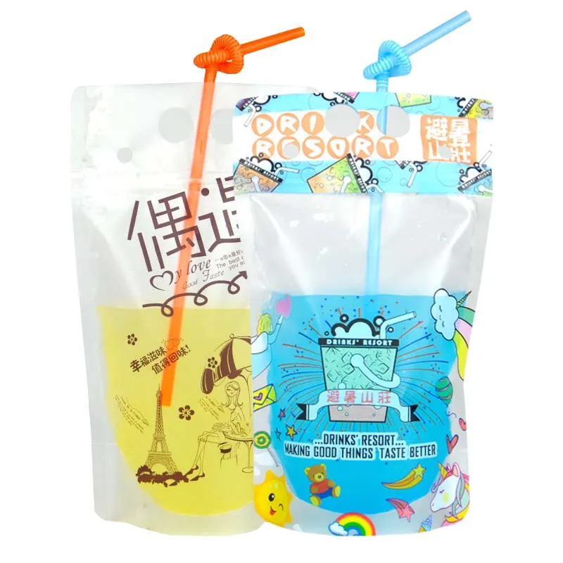 Drinking Ziplock Resealable Beverage Straw Plastic Bag Juice Drink Pouches With Straw