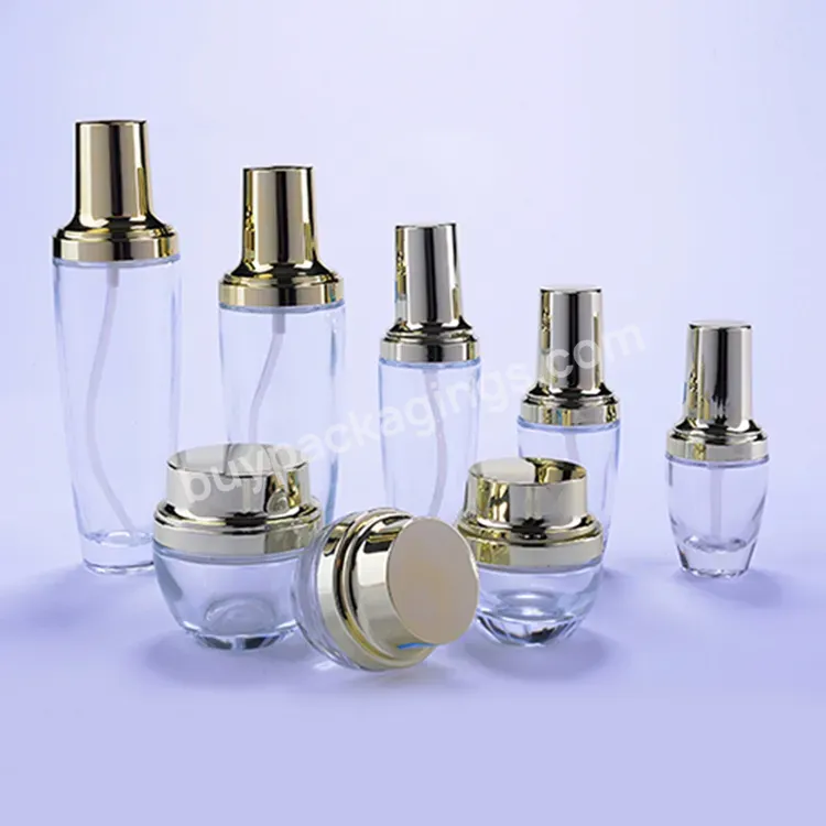 Eco-friendly Cosmetic Glass Bottle Manufacturer Custom Luxury Clear Skin Care Lotion Bottles And Cream Jars With Gold Cap - Buy Cosmetic Glass Bottels And Jars,Elegant Cosmetic Packaging Glass,Cosmetic Glass Jar And Bottle.