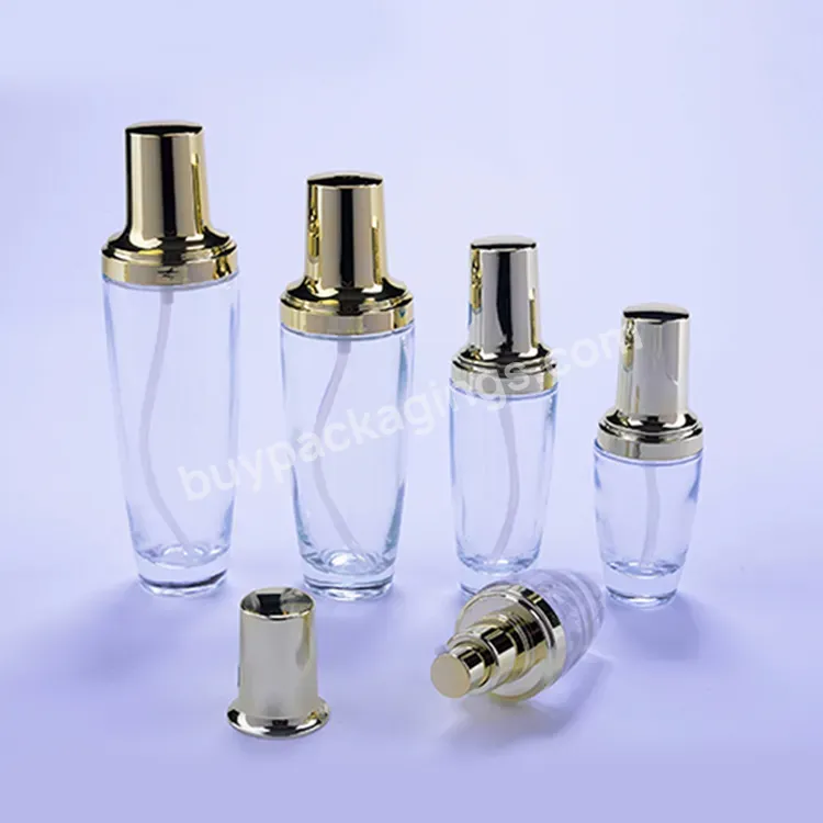 Eco-friendly Cosmetic Glass Bottle Manufacturer Custom Luxury Clear Skin Care Lotion Bottles And Cream Jars With Gold Cap - Buy Cosmetic Glass Bottels And Jars,Elegant Cosmetic Packaging Glass,Cosmetic Glass Jar And Bottle.