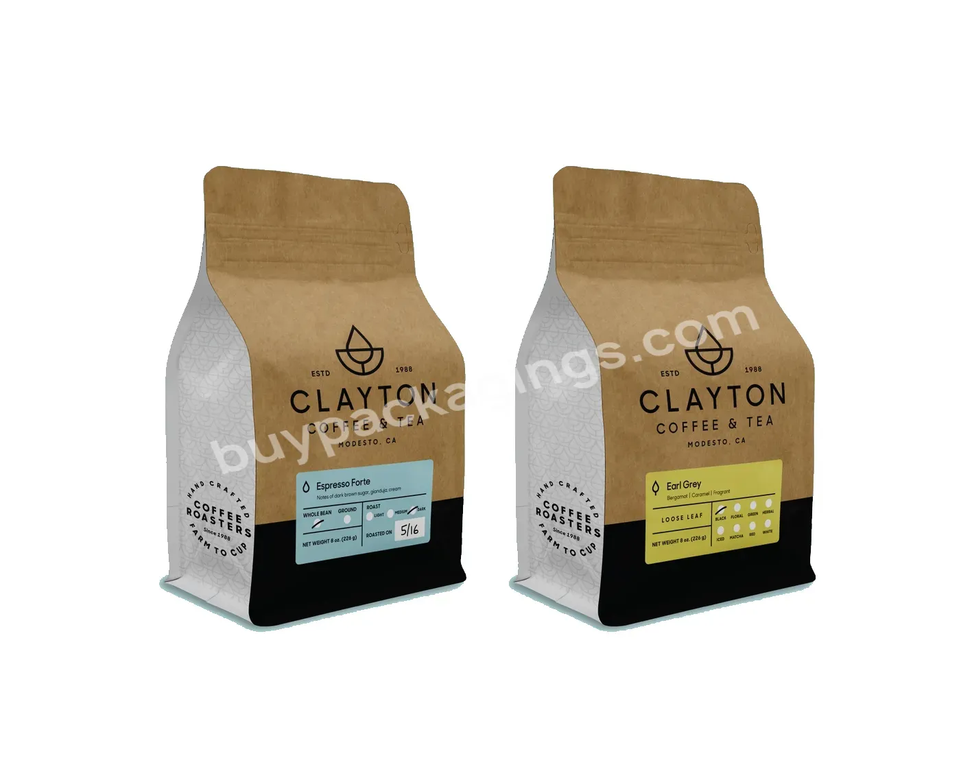 Eco Friendly Customized 250g 340g 500g 1kg Coffee Packaging Bag With Valve Zipper Tin Tie Flat Bottom Kraft Coffee Bag Printing - Buy Coffee Bag Printing,Kraft Coffee Bag,Flat Bottom Coffee Bag.