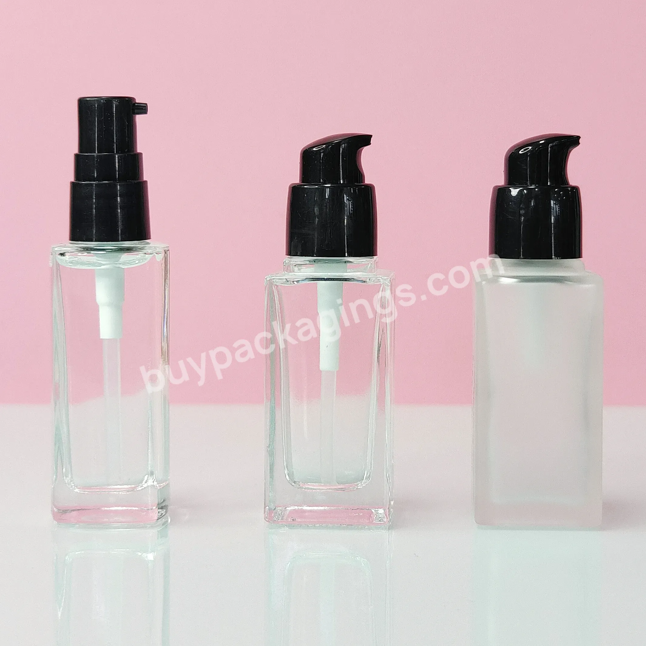 Empty Rectangular 30ml Liquid Foundation Cosmetic Packaging Clear Frosted Luxury Pump Glass Bottle - Buy Cosmetic Square Glass Bottles,Printing On Glass Bottle,Glass Jar Cosmetic Glass Bottle.