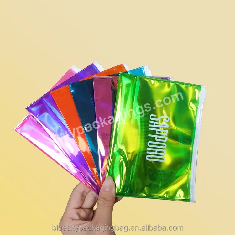 Environmentally Friendly Pvc Bag Holographic Color Laser Plastic Ziplock Bag Clothing/holographic Makeup Bag With Metal Zipper - Buy Holographic Cosmetic Bag,Plastic Saree Bags,Pvc Clothing Packaging.