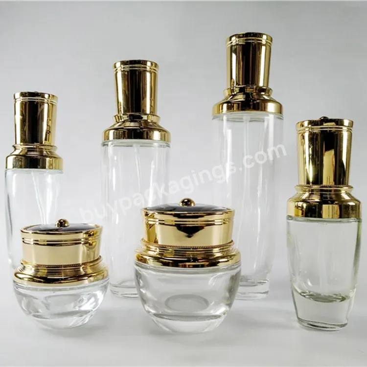 Factory Price Brand New Personal Care Cosmetic Packaging Transparent Glass Bottle And Jar Set With Gold Lid - Buy Cosmetic Jar Bottle Set,Glass Bottle And Jar Set,Jar Bottle Set.