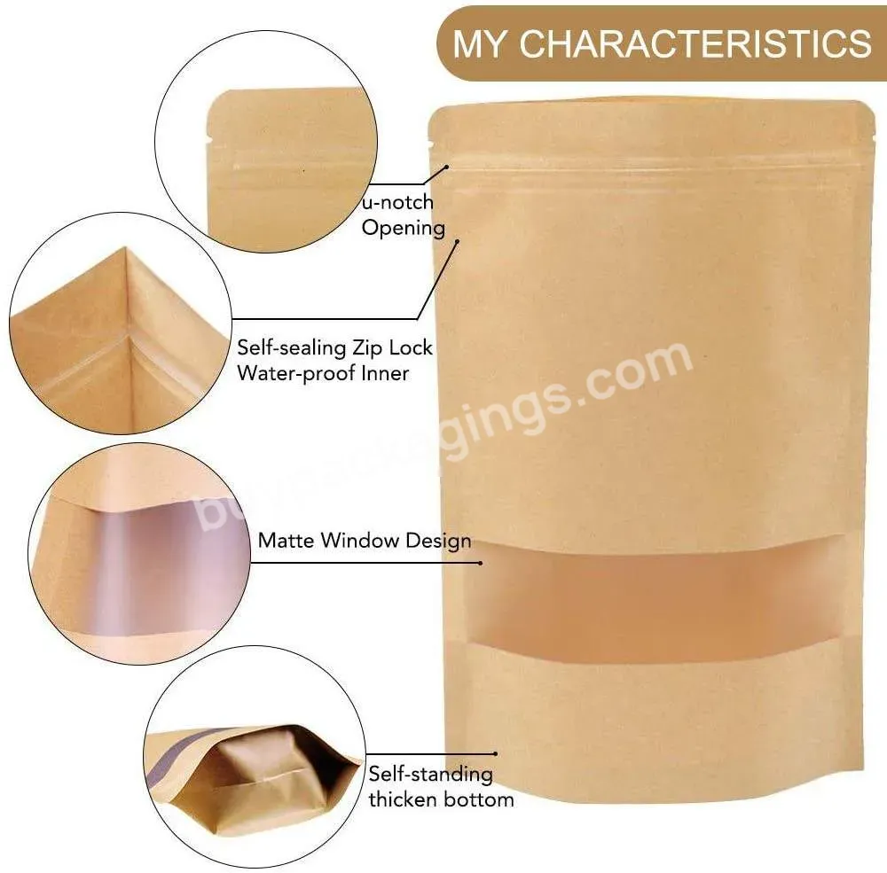 Factory Wholesale Food Packaging Doypack Stand Up Pouch Plain Brown Kraft Paper Bag With Clear Window And Zip Lock For Tea Snack - Buy Kraft Paper Bag,Kraft Food Paper Bag With Windows,Stand Up Kraft Paper Bag.