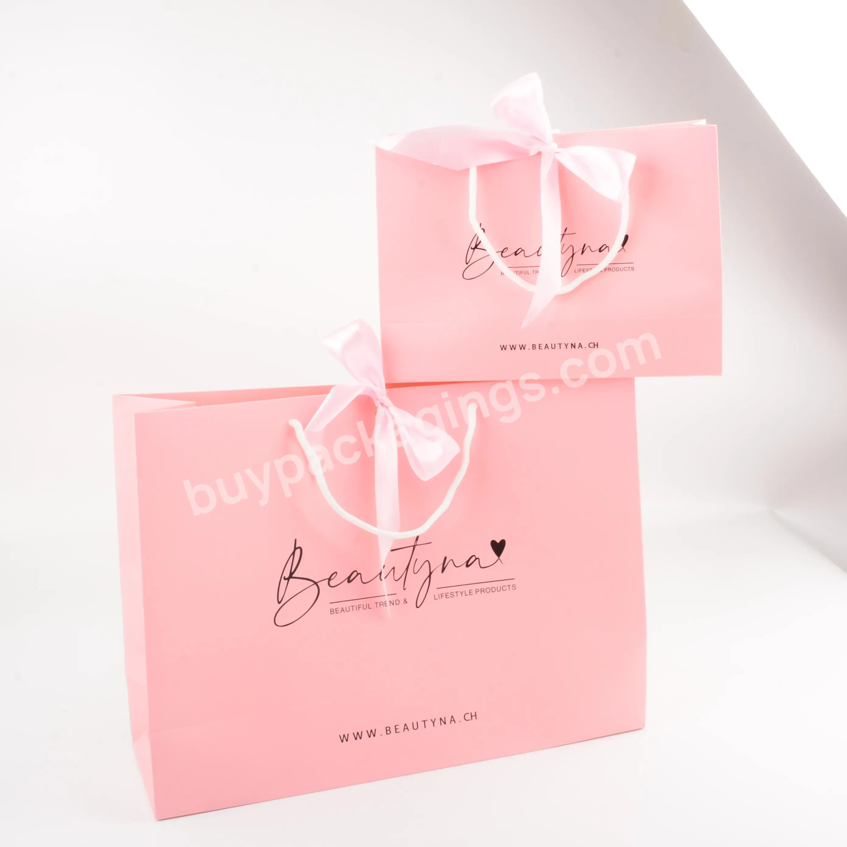 Fashionable Design High Quality Low Price Modern Types Pink Paper Bag With Ribbon Custom Size Logo Print Gift Packaging Of Brand