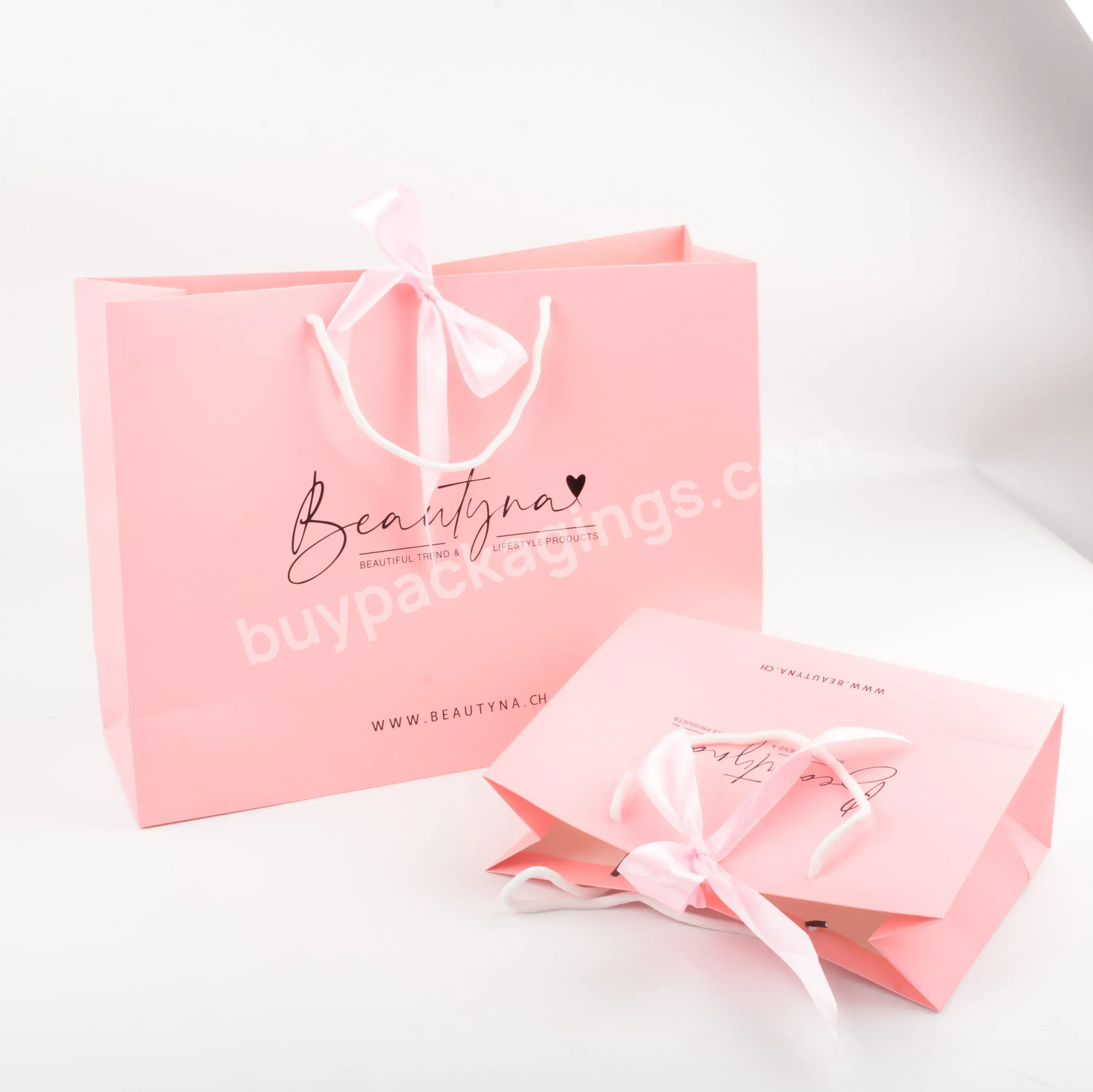 Fashionable Design High Quality Low Price Modern Types Pink Paper Bag With Ribbon Custom Size Logo Print Gift Packaging Of Brand