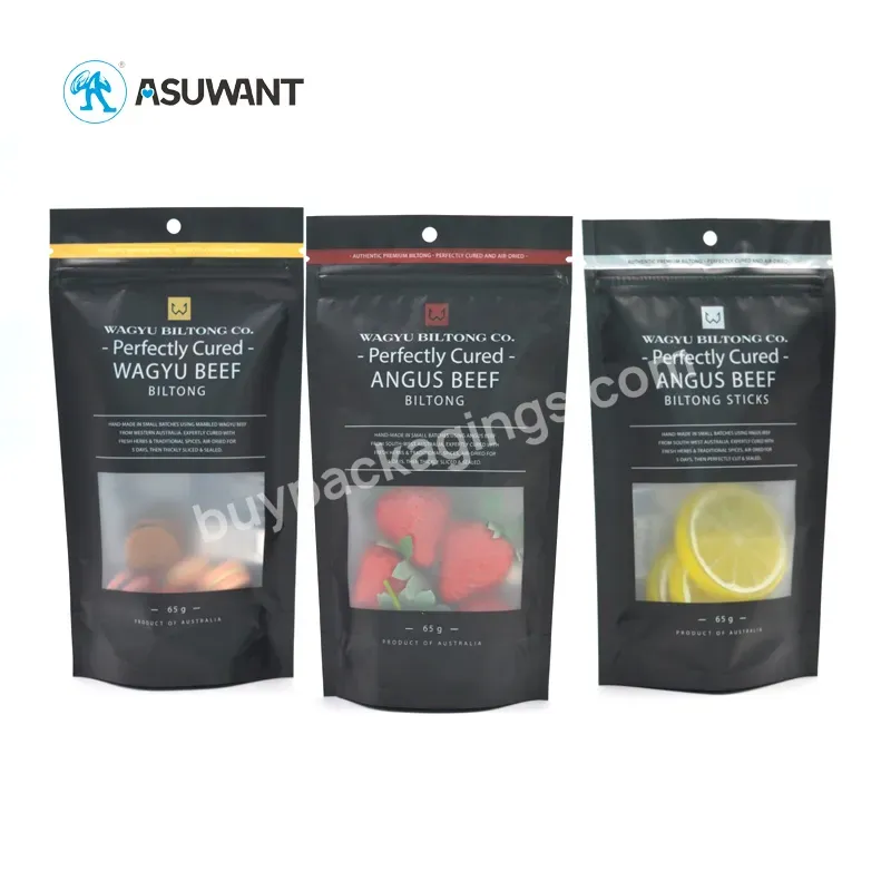 Free Sample Matte Stand Up Pouch Laminated Black Foil Food Packaging Zipper Bag With Clear Window For Beef Jerky - Buy Beef Jerky Food Packaging,Food Packaging Paper Bags With Window,Recyclable Sugar Nuts Food Coffee Tea Packaging Customized Plastic