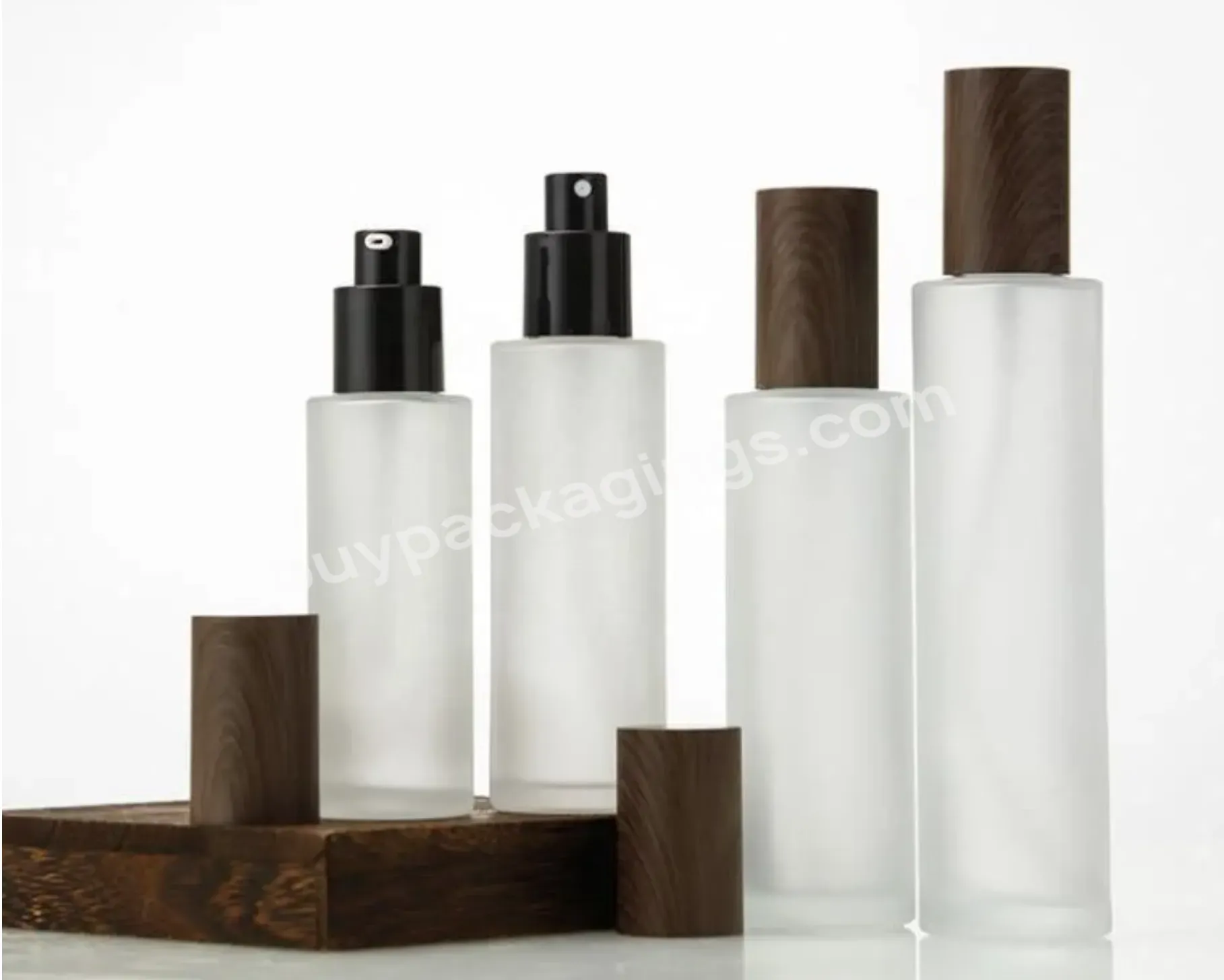 Frosted Glass Lotion Bottle With Pump And Round Water Transfer Printing Wood Grain Cap Custom 20ml 30ml 50ml 100ml 150ml 200ml - Buy Bamboo Cap,Water Transfer Printing Wood Grain Cap Custom,Glass Bottle.
