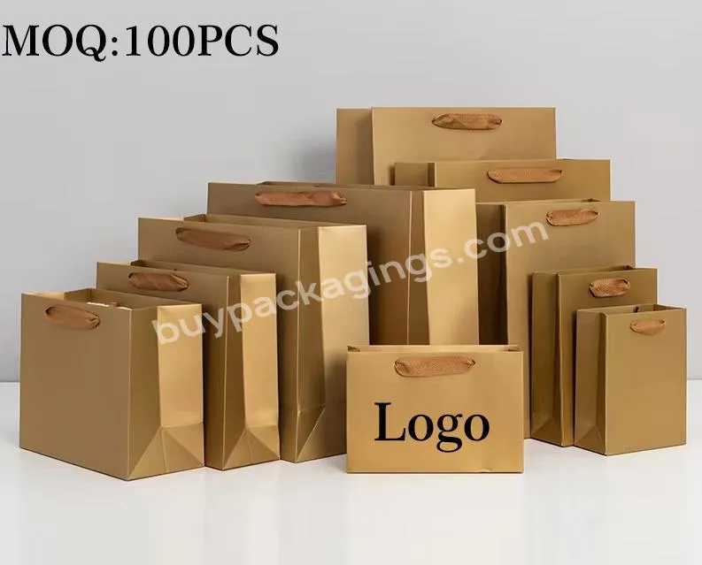 Gold Bag Custom Printed Your Own Logo cardboard packaging White Kraft Gift Craft Shopping Paper Bag With Handles