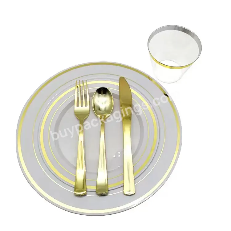 Gold Dinnerware Party Set -100 Dinner Plastic Plates - 100 9oz Cup- 100 Gold Plastic Silverware Set - Buy Rose Gold Dinnerware Set,Spoon Fork And Knife Plastic Flatware,Plastic Dinnerware Set.