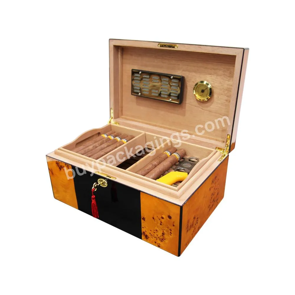 High Quality Luxury Custom Piano Burl Wood Cedar Lining Cigar Humidor