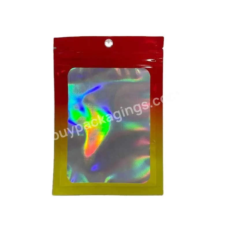 Hot Sale Gradual Red Yellow Custom Logo Resealable Packaging Clear Colorful Holographic Ziplock Bag For Jewelry Package