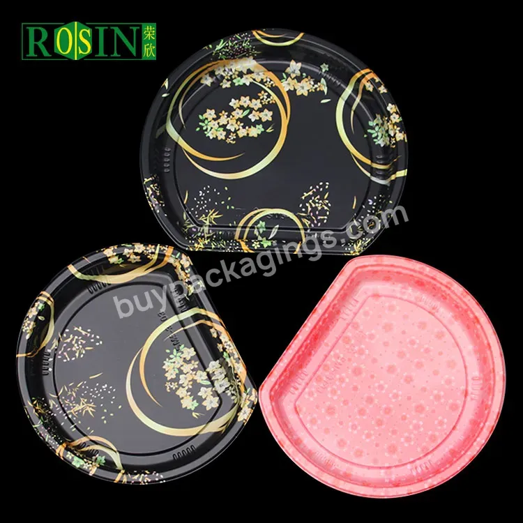 Japanese Style Sushi Platters Printed Bottom Half Moon Shape Disposable Sushi Black Plastic Container With Lid - Buy Round Plastic Trays With Lid,Disposable Sushi Black Plastic Container,Sushi Platters With Lid.