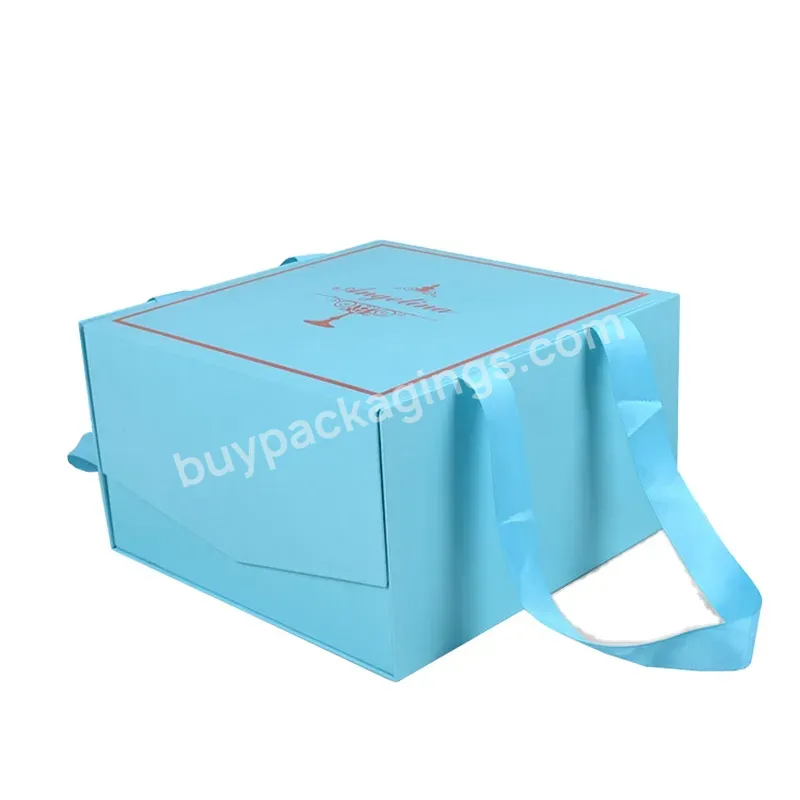 Large Capacity Design Blue Color Folding Customized Gift Box With Ribbon Handles - Buy Folding Box With Handles,Foldable Customized Box,Gift Box Foldable.