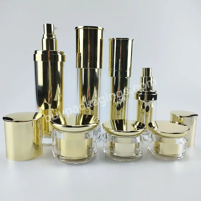 Luxury 15ml 30ml 50ml 100ml Gold Cylinder Shape Acrylic Airless Lotion Pump Bottle And Jars For Skin Care