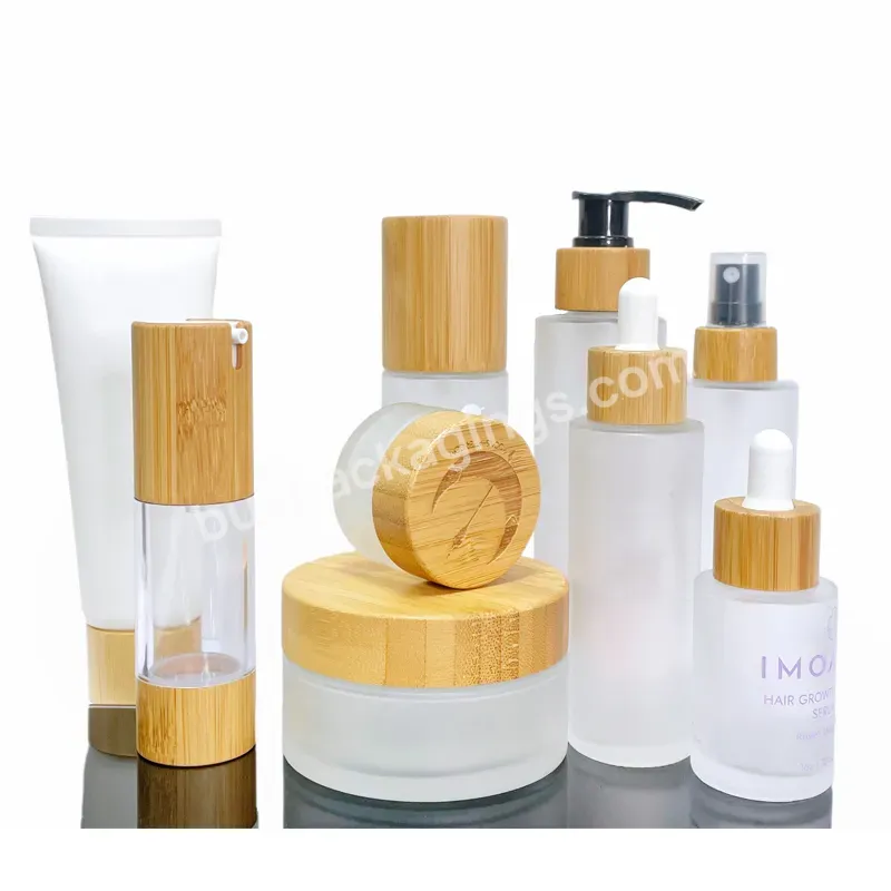 Luxury Cosmetics Packaging Glass Bottle Sets Bamboo Lid Cream Jar And Pump Spray Bottle Set Skincare Face Cream Lotion Bottle - Buy Glass Cosmetic Jar With Bamboo Lid,Glass Cream Jar,50g Frosted Clear Glass Jar Bamboo Lid Cosmetic Cream Bottle Glass