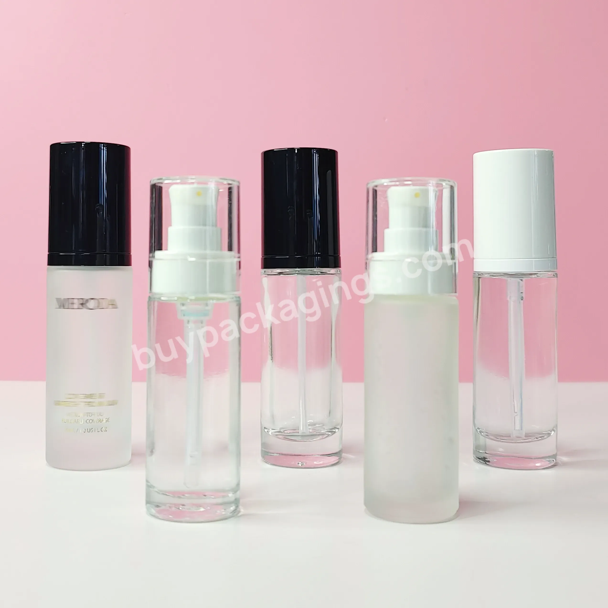 Luxury Cosmetics Packaging Straight Round Clear Frosted 30ml Glass Foundation Bottle With Pump - Buy Frosted Glass Bottle 30 Ml,Parfume Glass Bottle Luxury,Skin Care Skull Glass Bottles.
