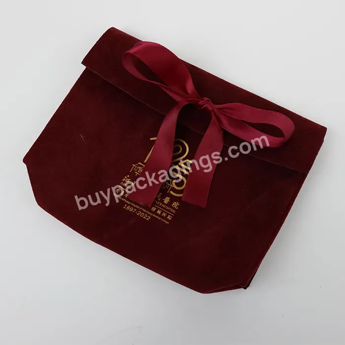 Luxury Flannel Drawstring Velvet Jewelry Packaging Ribbon Bow Tie Red Bag With Custom Gold Logo