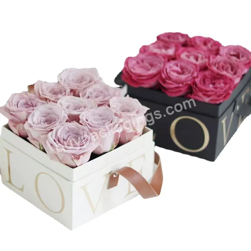 Luxury Portable Leather Handle Square Gift Box Love Printed Fresh Flower Box For Flower Gift Shop Wrapper - Buy Luxury Portable Leather Handle Square Gift Box,Love Printed Fresh Flower Box,Flower Box For Flower Gift Shop Wrapper.