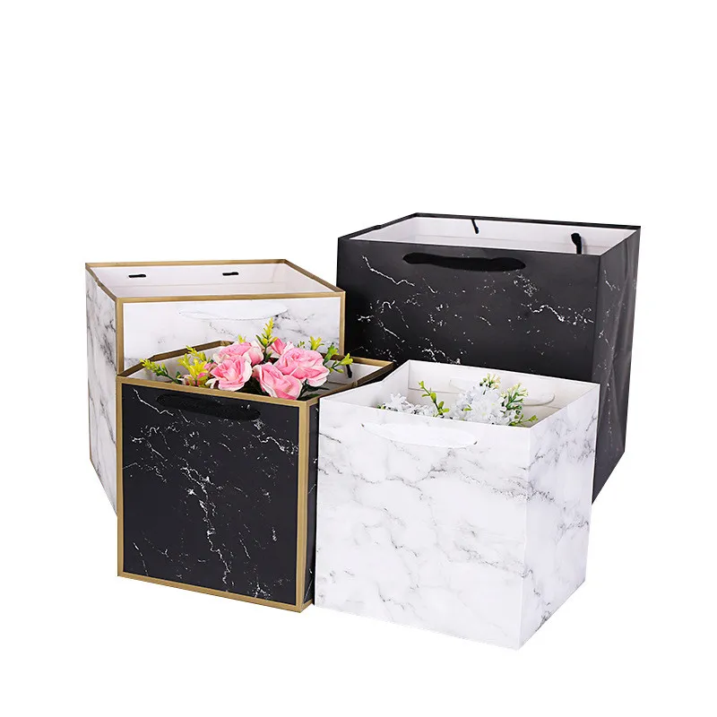 New Design Marble Printed Birthday Cake And Flower Carry Bag Large Square Paper Bag