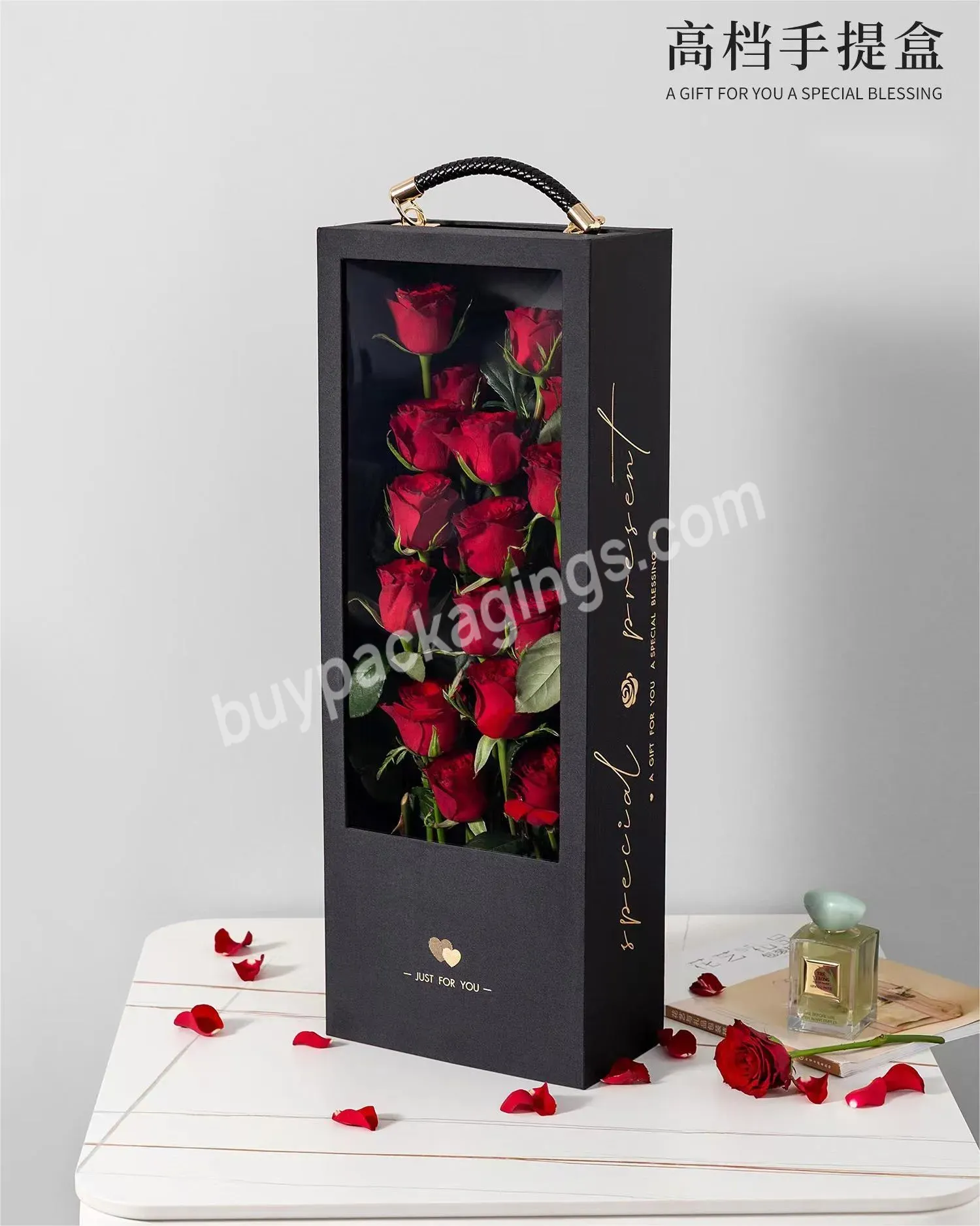 New Release Luxury Rectangle Flower Box With Leather Handle Gift Boxes For Valentine's Day - Buy Luxury Rectangle Flower Box,Flower Box With Leather Handle,Gift Boxes For Valentine's Day.