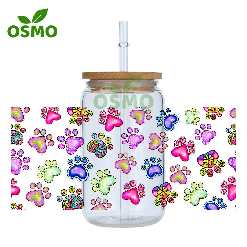 Osmo Factoroy Wholesale Customize UV Dtf Cup Wrap Transfers Sticker Decals for 16oz 20oz Libbey Glass Can