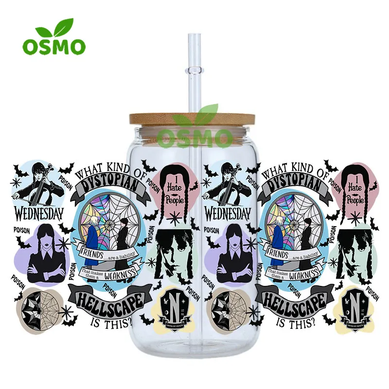 Osmo Factoroy Wholesale Wednesday UV Dtf Cup Wraps Eco Solvent Transfers Sticker Decals for 16oz 20oz Libbey Glass Can