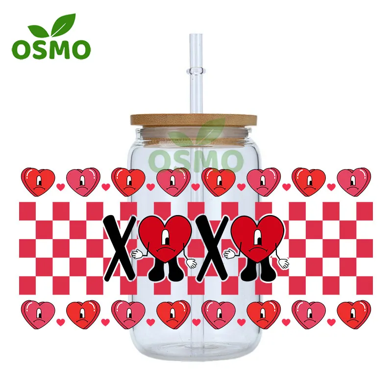 Osmo Factory Wholesale Bad Bunny Valentines Day UV Dtf Cup Wraps 16oz Libbey Glass Can Wraps Transfers Sticker Decals
