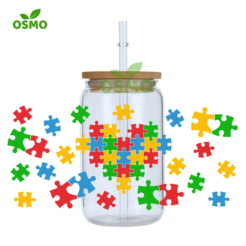 Osmo Wholesale 16oz Autism Puzzle Libbey Glass Can Wraps Teach Au-some Kids Hearts Autism Awareness Sunflower UV dtf Wraps